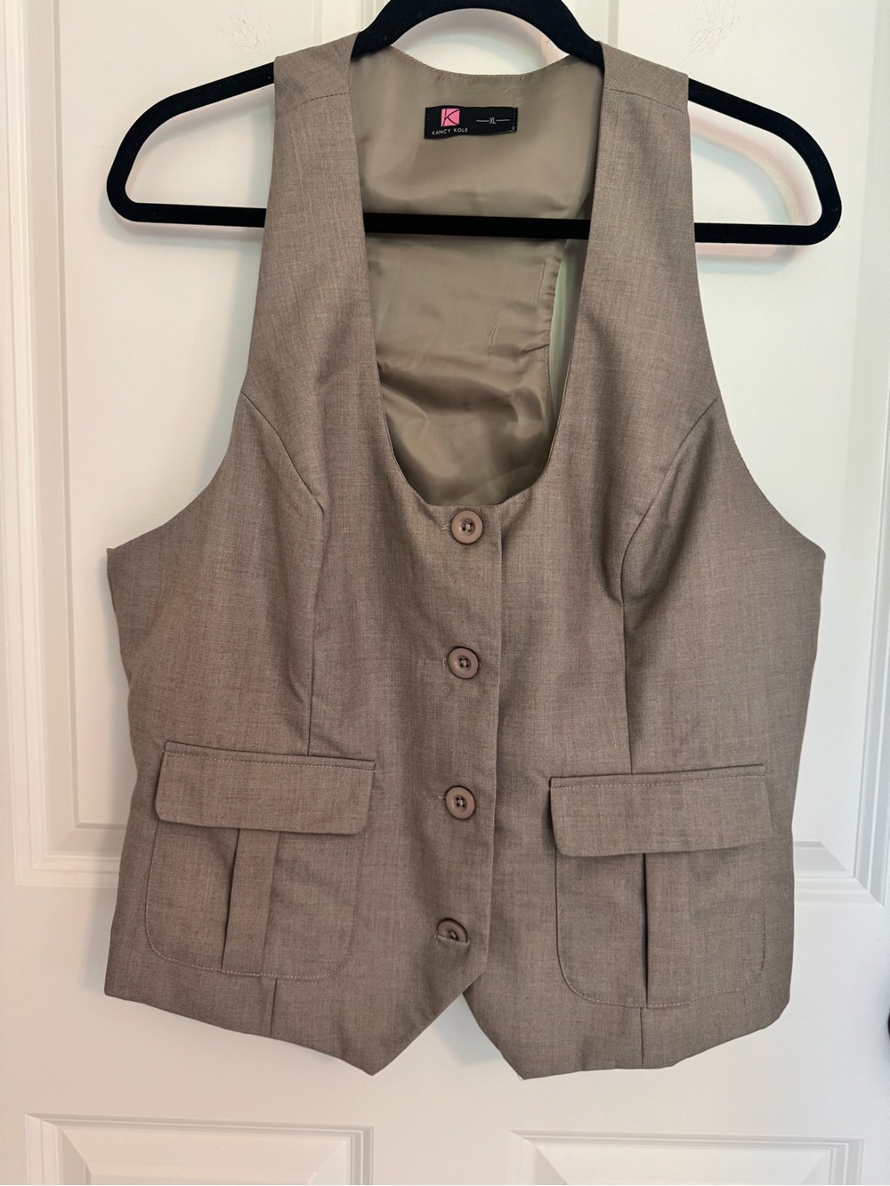 Kancy Kole Womens XL Taupe Tailored Waistcoat Vest Button Front Long Back